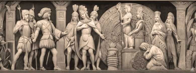 Frise de Constantino Brumidi représentant Cortés entrant dans le temple aztèque