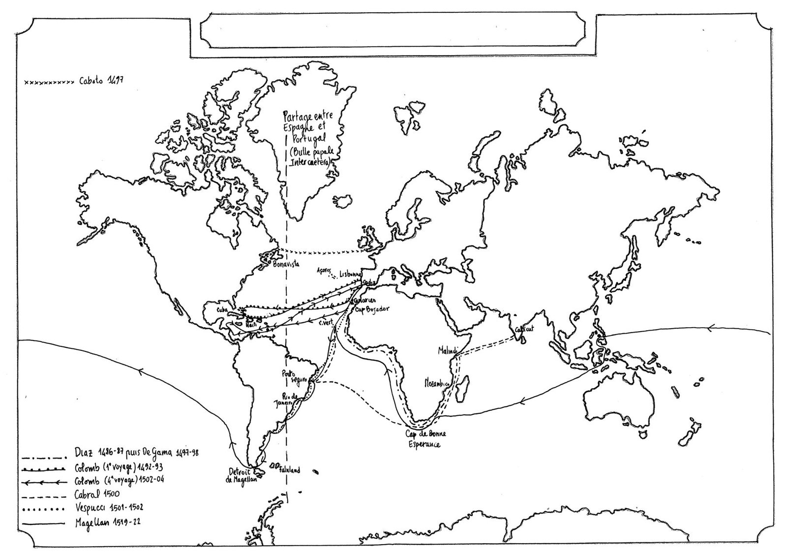Fond de carte du monde à compléter avec les routes des Grandes Découvertes